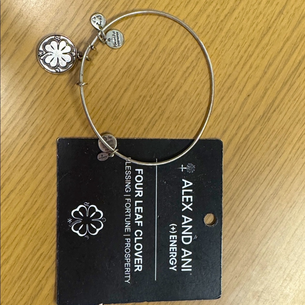 Alex and Ani Silver Bangle with Four Leaf Clover Charm